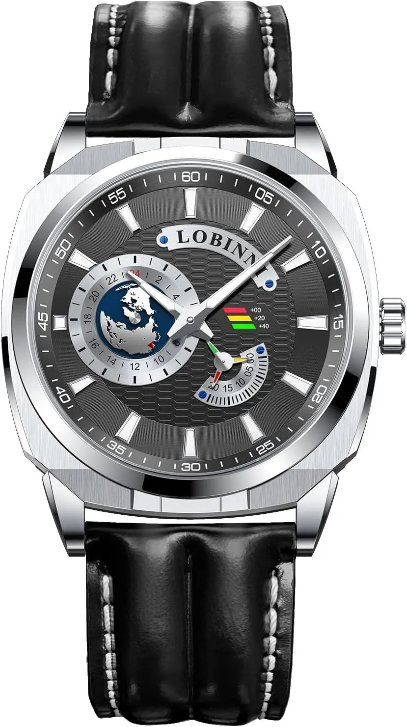 LOBINNI Men's Watch Square Automatic Mechanical,43mm Stainless Steel Dial,Luminous,Leather Strap,Business Watches for Man,Dress Luxury Gift for Men