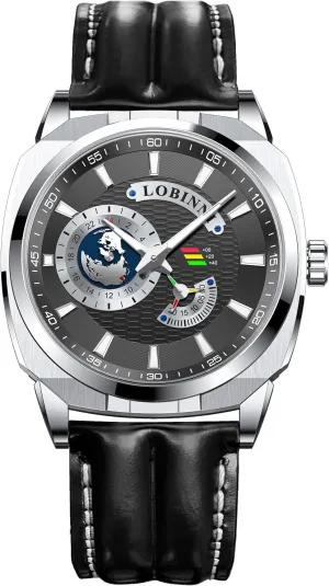 LOBINNI Men's Watch Square Automatic Mechanical,43mm Stainless Steel Dial,Luminous,Leather Strap,Business Watches for Man,Dress Luxury Gift for Men