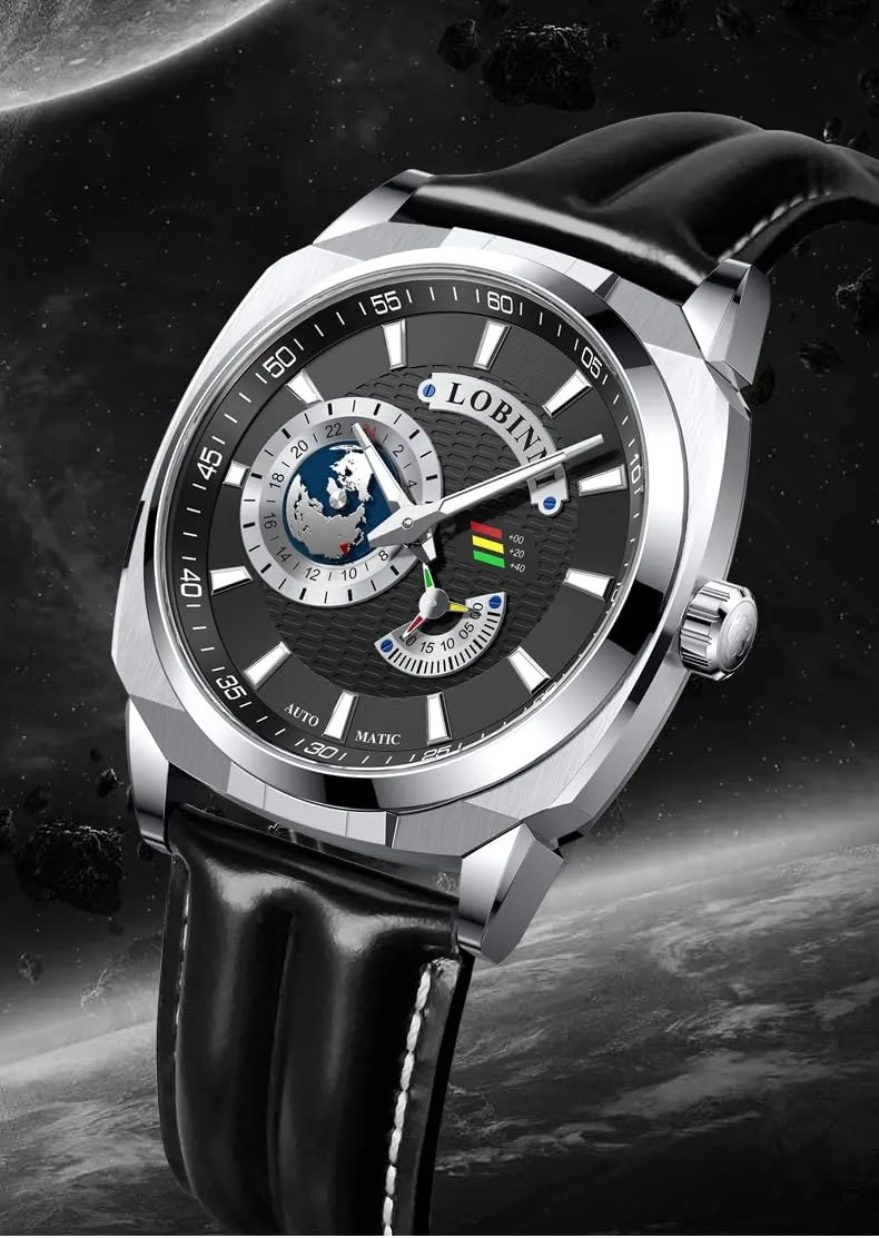 LOBINNI Men's Watch Square Automatic Mechanical,43mm Stainless Steel Dial,Luminous,Leather Strap,Business Watches for Man,Dress Luxury Gift for Men