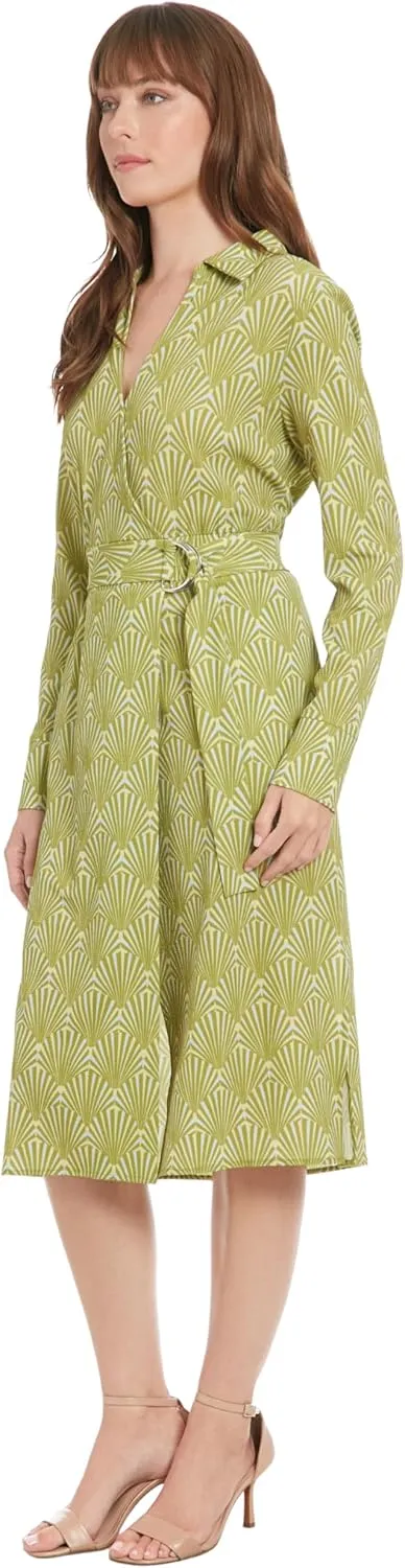 London Times Women's Midi Length Wrap Long Sleeve A-line with Belt-Business Casual Dress