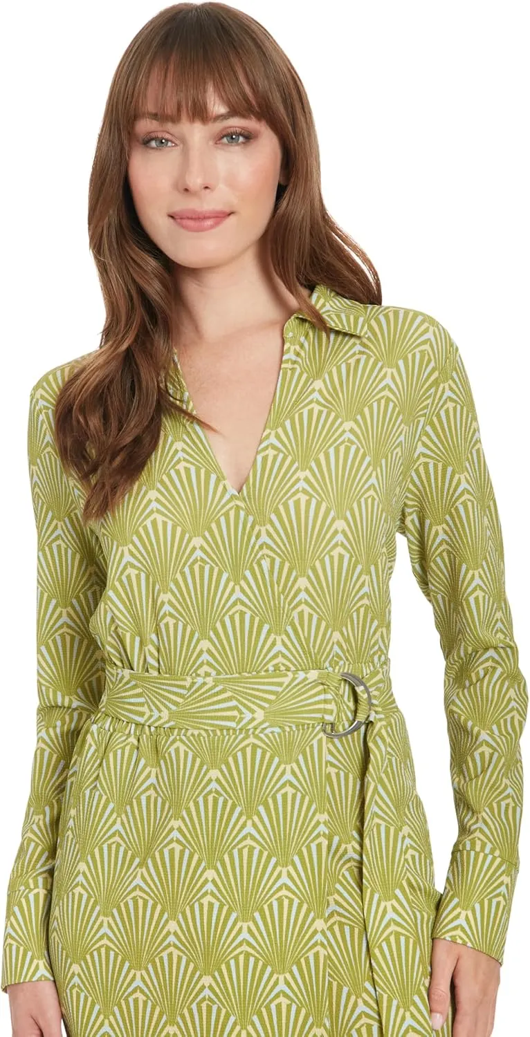 London Times Women's Midi Length Wrap Long Sleeve A-line with Belt-Business Casual Dress