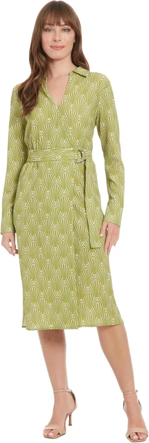 London Times Women's Midi Length Wrap Long Sleeve A-line with Belt-Business Casual Dress
