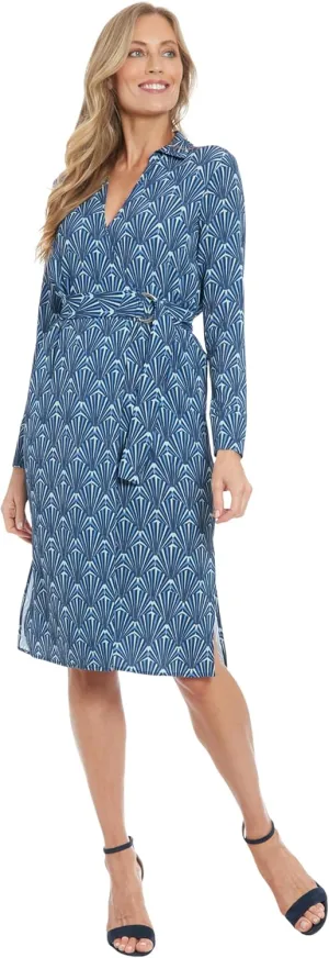 London Times Women's Midi Length Wrap Long Sleeve A-line with Belt-Business Casual Dress