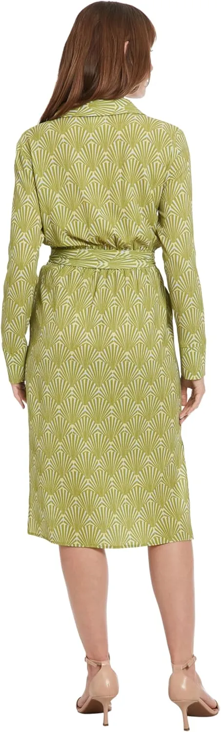London Times Women's Midi Length Wrap Long Sleeve A-line with Belt-Business Casual Dress