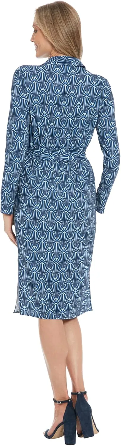 London Times Women's Midi Length Wrap Long Sleeve A-line with Belt-Business Casual Dress