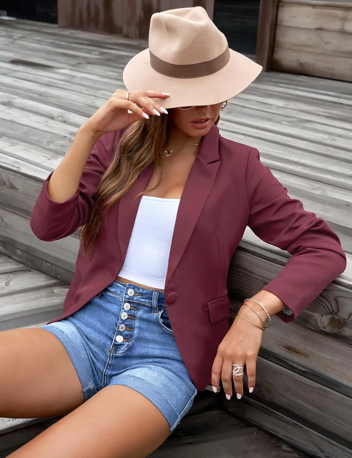 LookbookStore Womens Notched Lapel Pockets Button Work Office Blazer Jacket Suit