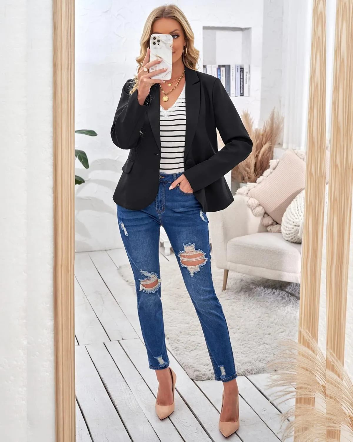 LookbookStore Womens Notched Lapel Pockets Button Work Office Blazer Jacket Suit