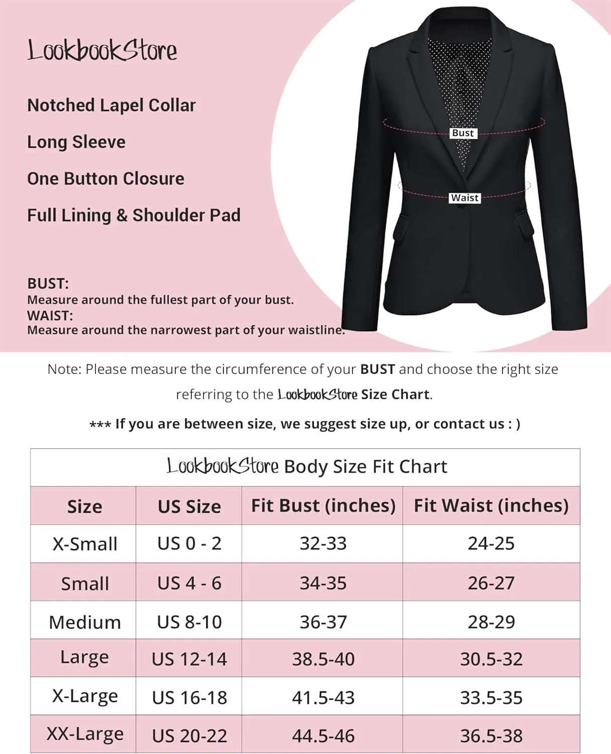 LookbookStore Womens Notched Lapel Pockets Button Work Office Blazer Jacket Suit