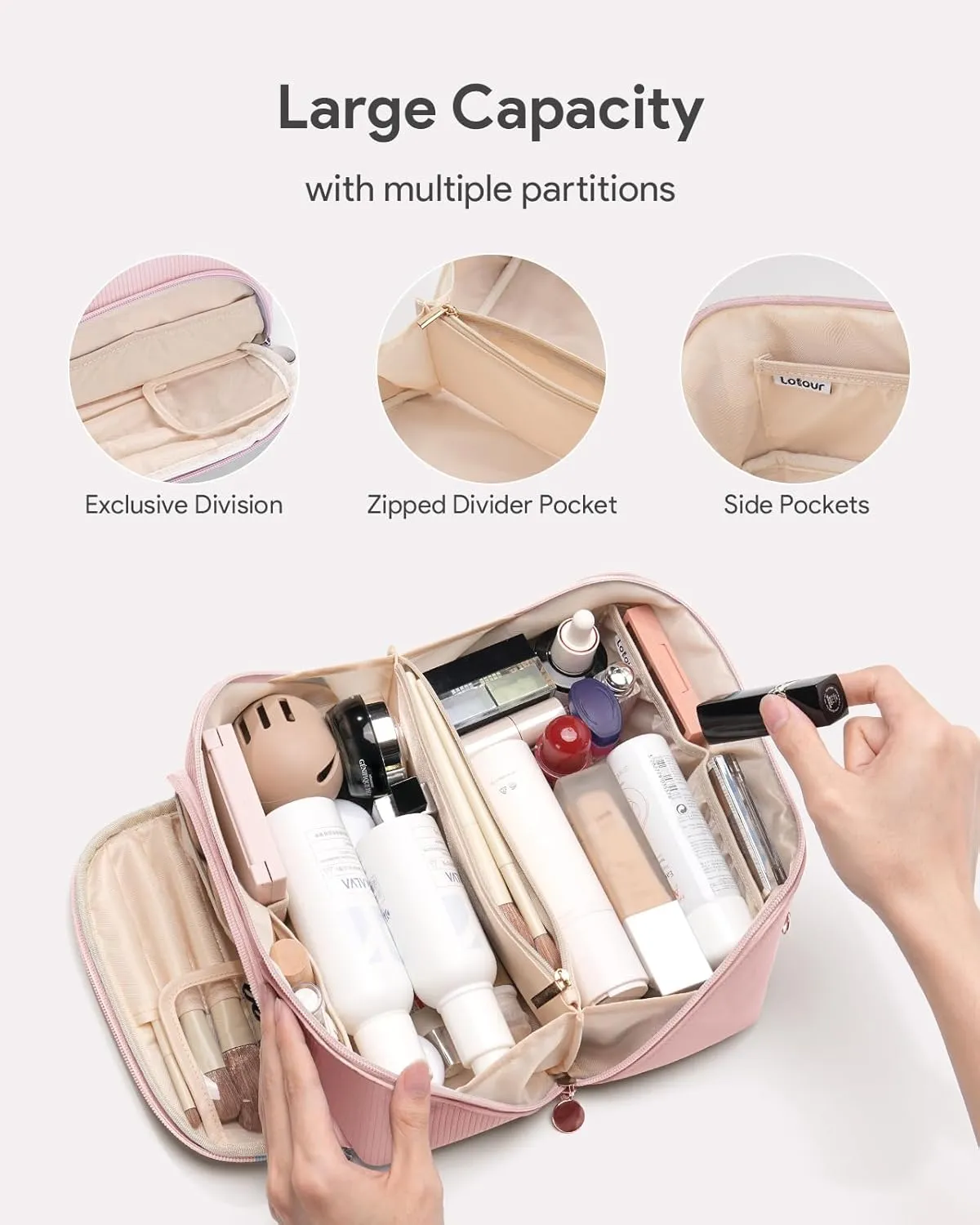 Lotour Makeup Bag Organizer Travel Cosmetic Bag, Large Capacity Skincare Bag for Women Girls, Portable Pouch Open Flat Toiletry Bag for Travel Essentials Toiletries Accessories