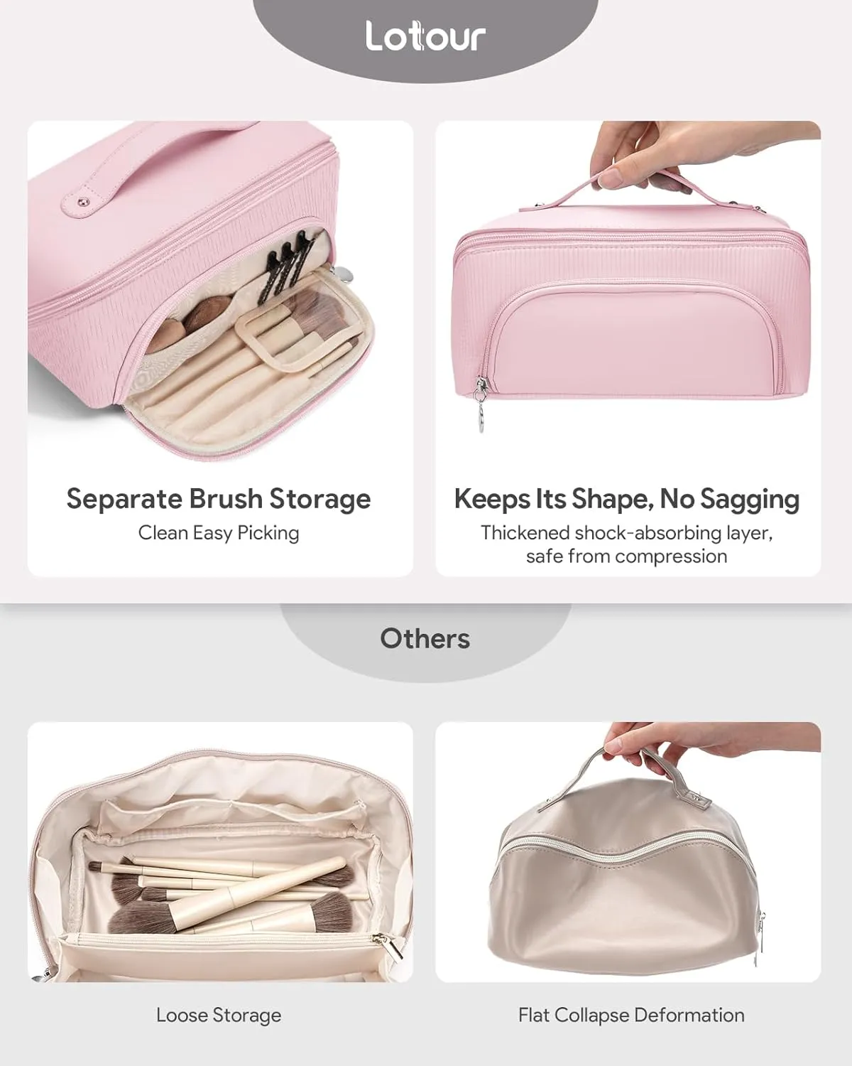 Lotour Makeup Bag Organizer Travel Cosmetic Bag, Large Capacity Skincare Bag for Women Girls, Portable Pouch Open Flat Toiletry Bag for Travel Essentials Toiletries Accessories