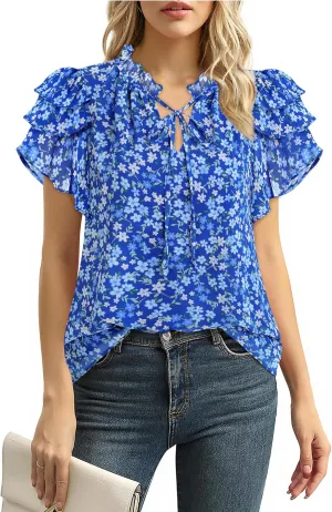 Lotusmile Summer Chiffon Dressy Casual Blouses Elegant Ruffle Short Sleeve Work Tops for Women Trendy