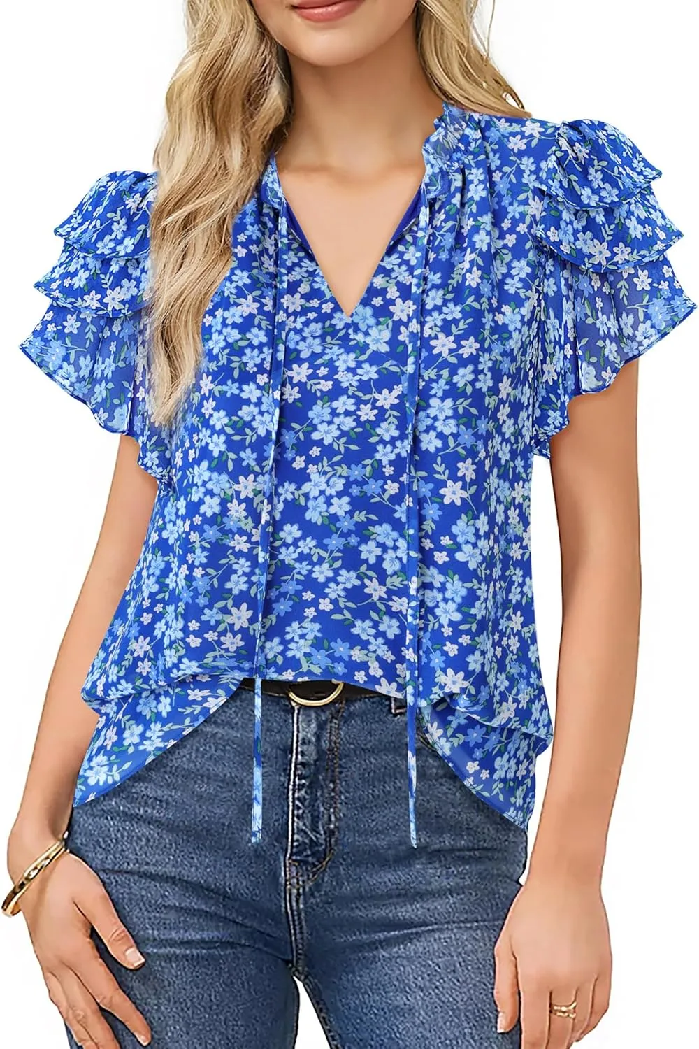 Lotusmile Summer Chiffon Dressy Casual Blouses Elegant Ruffle Short Sleeve Work Tops for Women Trendy