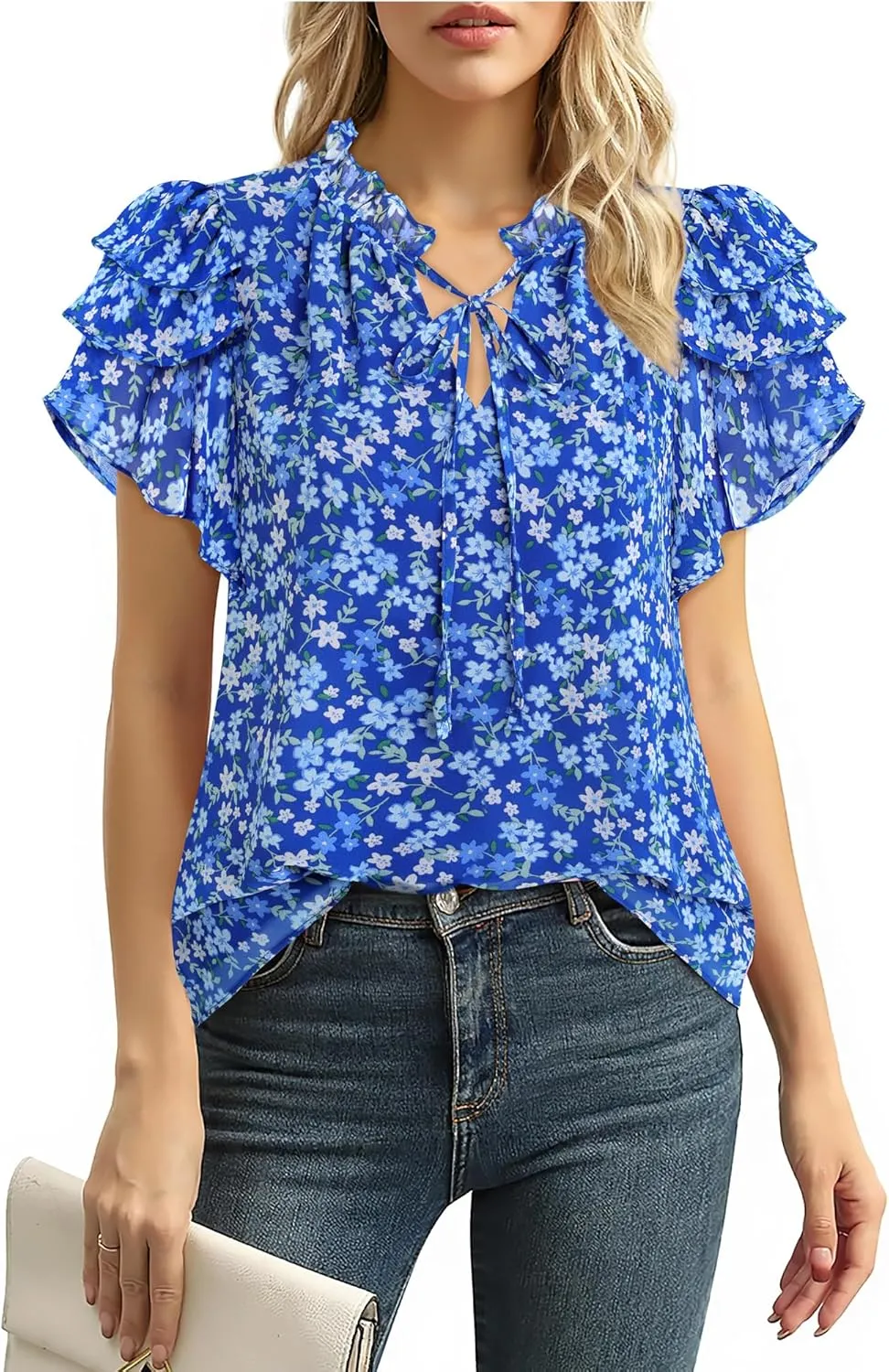 Lotusmile Summer Chiffon Dressy Casual Blouses Elegant Ruffle Short Sleeve Work Tops for Women Trendy