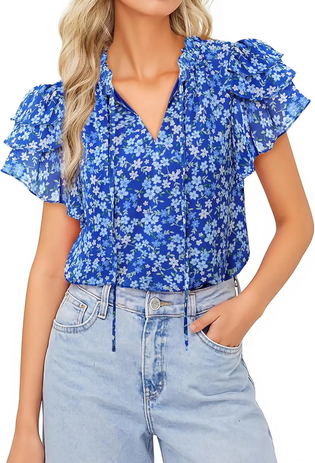 Lotusmile Summer Chiffon Dressy Casual Blouses Elegant Ruffle Short Sleeve Work Tops for Women Trendy