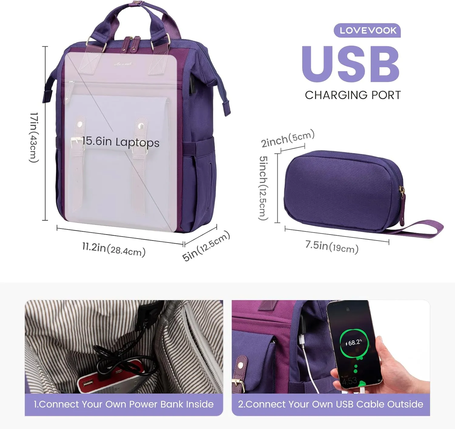 LOVEVOOK 15.6 inch Laptop Backpack for Women, Teacher Nurse Work Travel Backpacks Purse,Computer Bag with USB Charging Port, Purple Blue