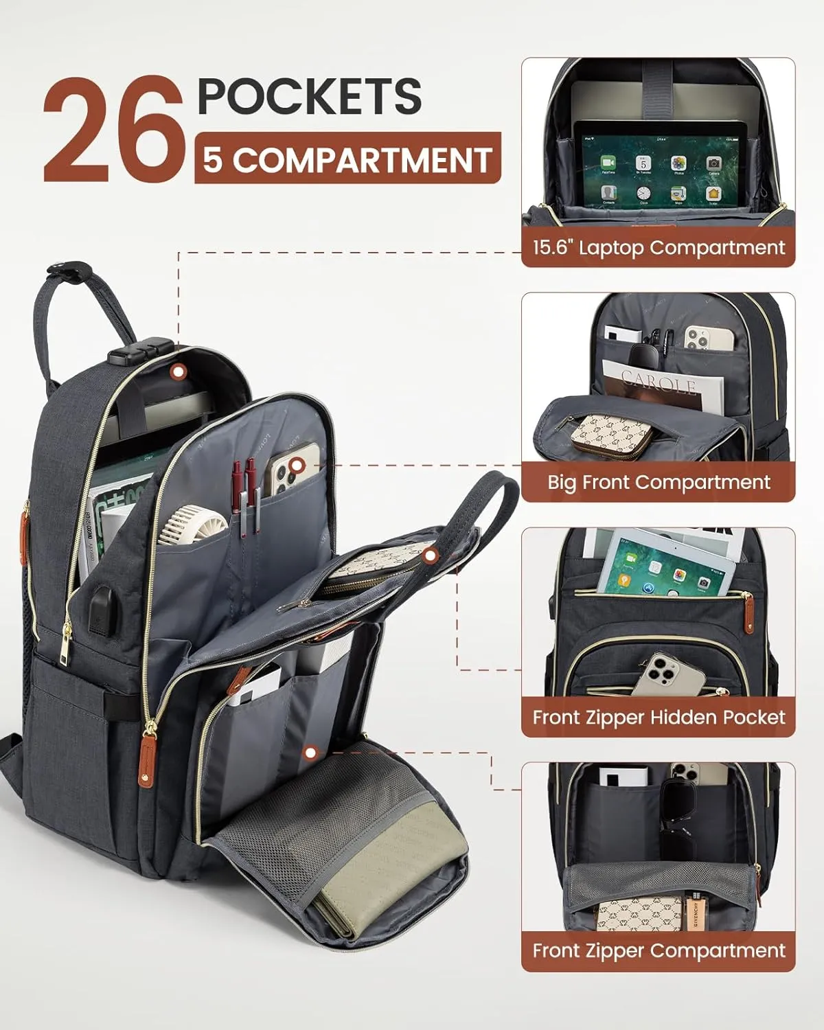 LOVEVOOK Laptop Backpack for Women Unisex Travel Anti-theft Bag, Business Work Computer Backpacks Purse for Men, Casual Hiking with Lock, 15.6 Inch, Dark Grey