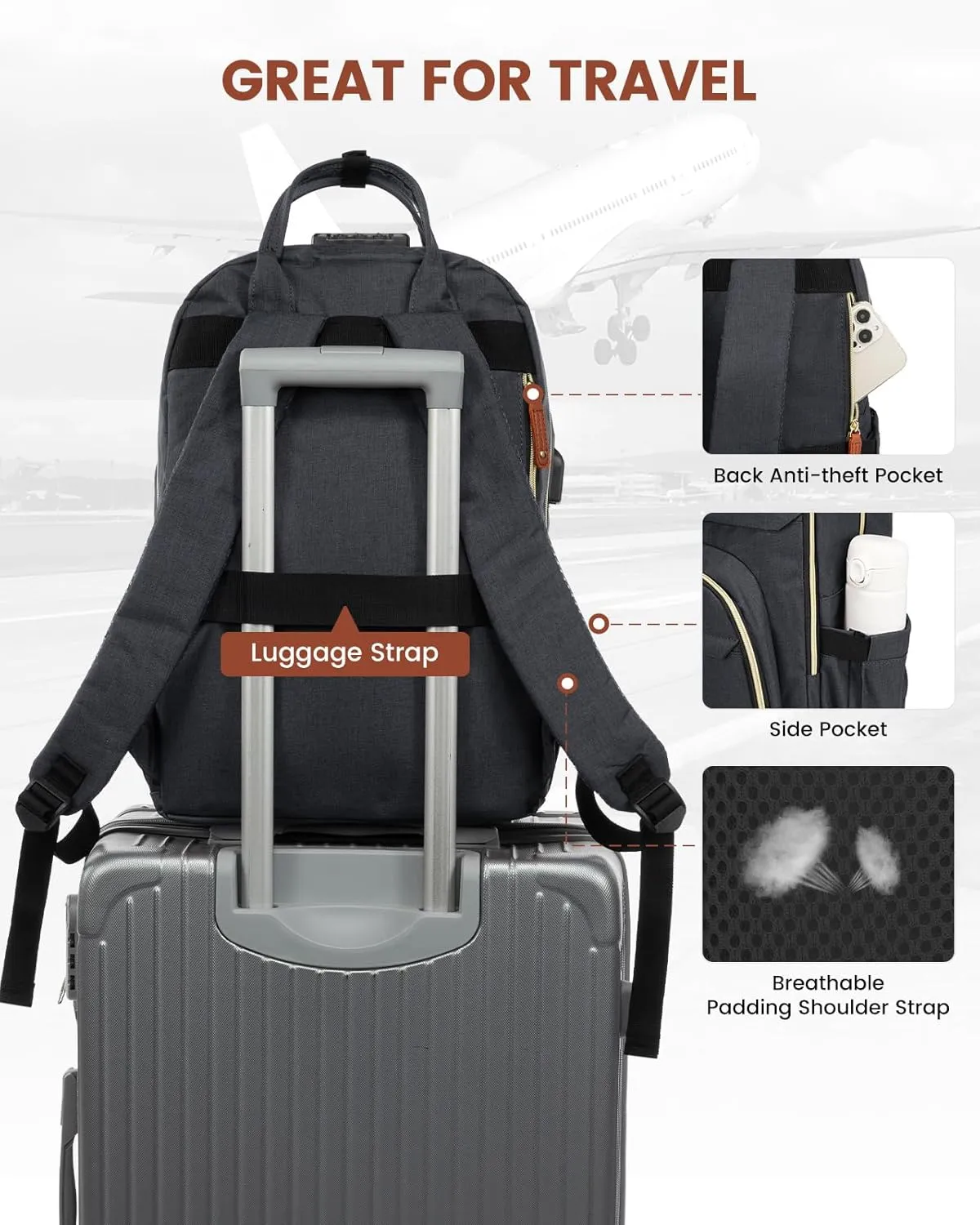 LOVEVOOK Laptop Backpack for Women Unisex Travel Anti-theft Bag, Business Work Computer Backpacks Purse for Men, Casual Hiking with Lock, 15.6 Inch, Dark Grey
