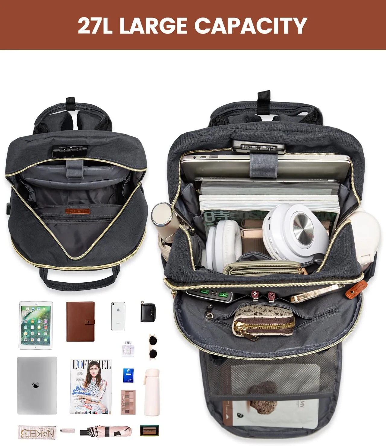 LOVEVOOK Laptop Backpack for Women Unisex Travel Anti-theft Bag, Business Work Computer Backpacks Purse for Men, Casual Hiking with Lock, 15.6 Inch, Dark Grey