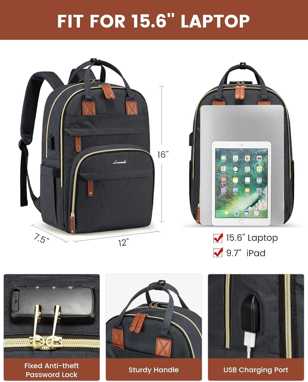 LOVEVOOK Laptop Backpack for Women Unisex Travel Anti-theft Bag, Business Work Computer Backpacks Purse for Men, Casual Hiking with Lock, 15.6 Inch, Dark Grey