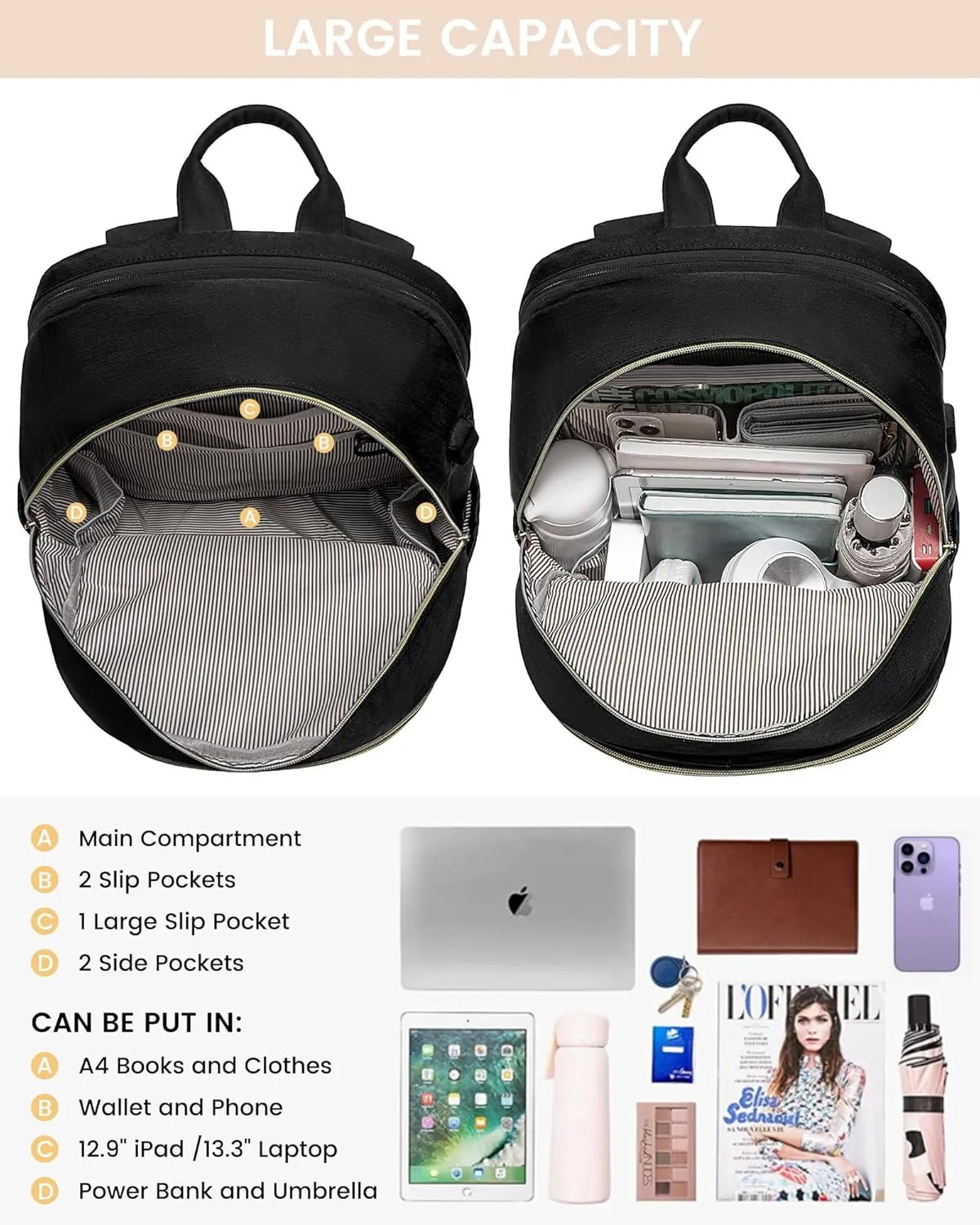 LOVEVOOK Laptop Backpack for Women,15.6 Inch Fashion Travel Backpack,Large Capacity Backpack Purse with USB,Water-resistant fits College Work Business Travel （Black）