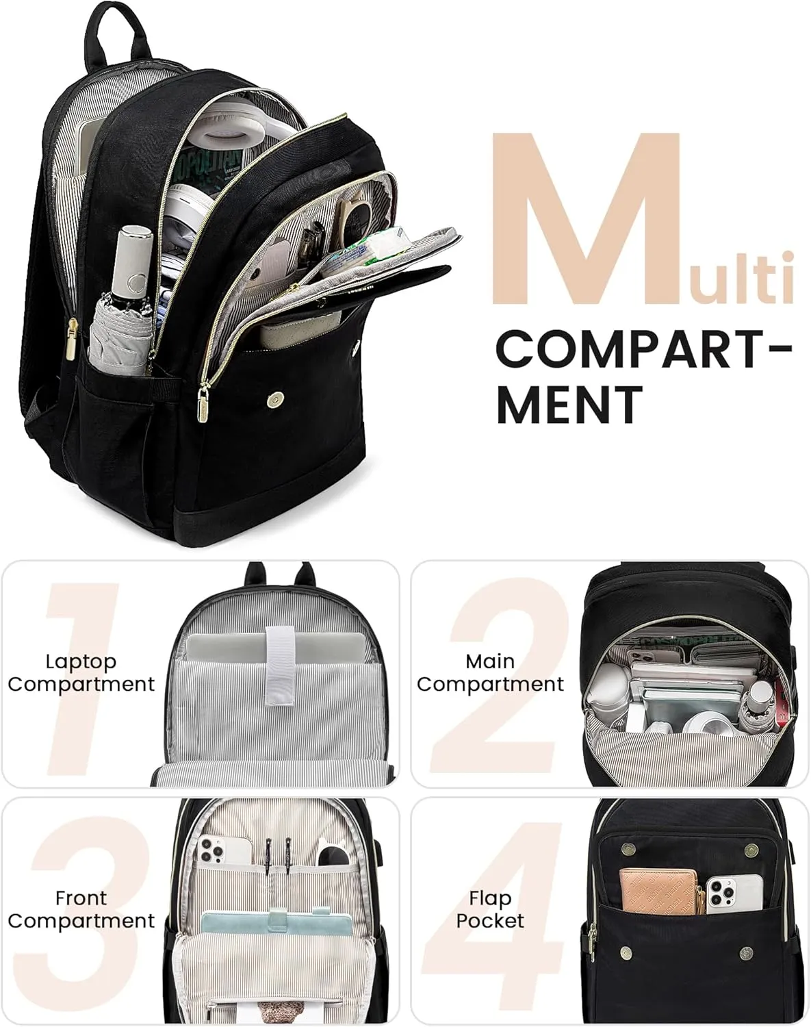 LOVEVOOK Laptop Backpack for Women,15.6 Inch Fashion Travel Backpack,Large Capacity Backpack Purse with USB,Water-resistant fits College Work Business Travel （Black）
