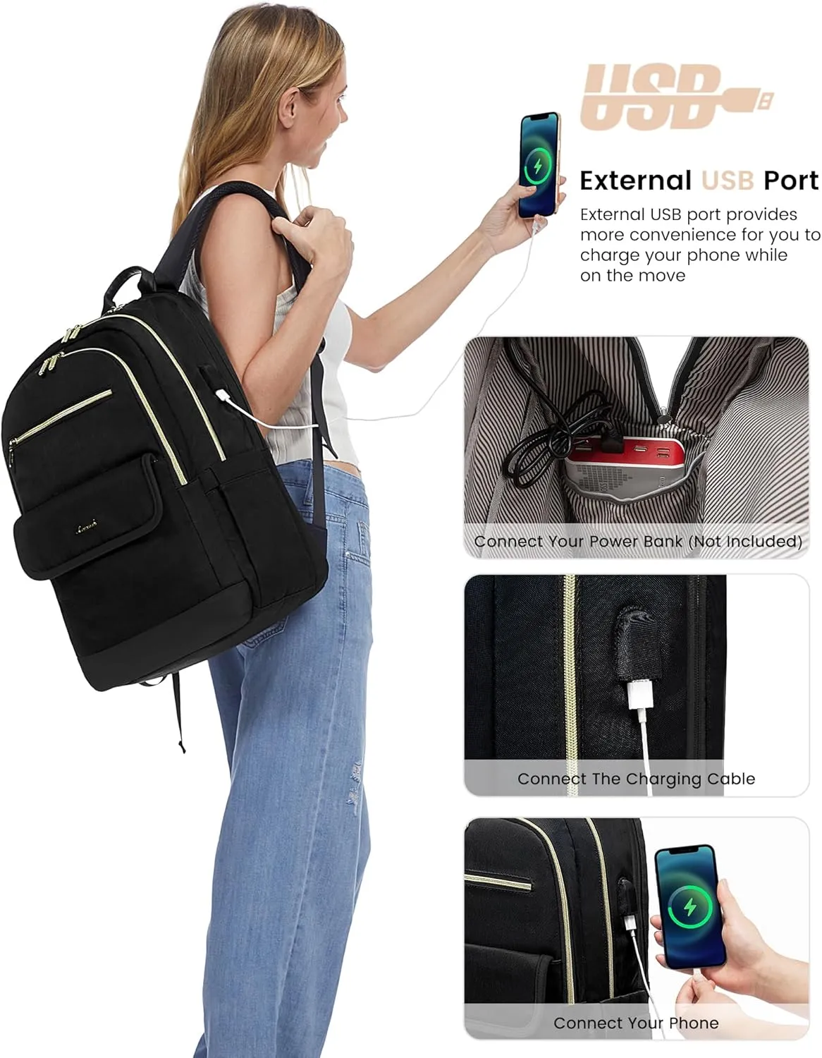 LOVEVOOK Laptop Backpack for Women,15.6 Inch Fashion Travel Backpack,Large Capacity Backpack Purse with USB,Water-resistant fits College Work Business Travel （Black）