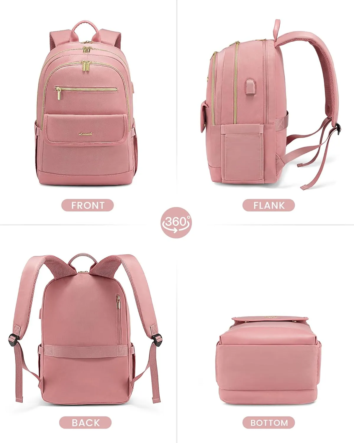 LOVEVOOK Laptop Backpack for Women,15.6 Inch Fashion Travel Backpack,Large Capacity Backpack Purse with USB,Water-resistant fits College Work Business Travel（Pink）