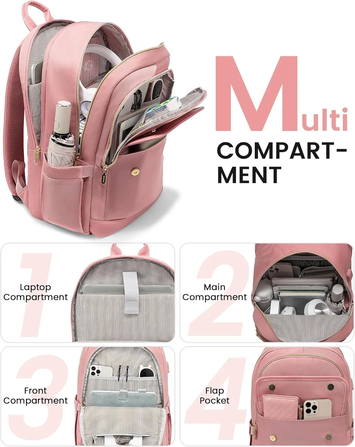 LOVEVOOK Laptop Backpack for Women,15.6 Inch Fashion Travel Backpack,Large Capacity Backpack Purse with USB,Water-resistant fits College Work Business Travel（Pink）