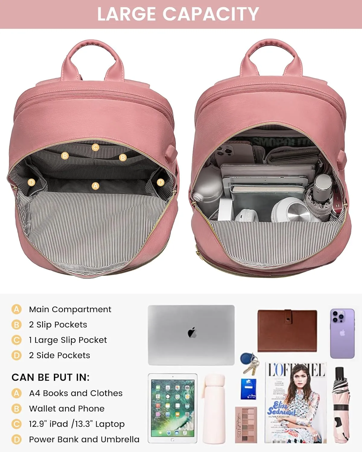 LOVEVOOK Laptop Backpack for Women,15.6 Inch Fashion Travel Backpack,Large Capacity Backpack Purse with USB,Water-resistant fits College Work Business Travel（Pink）