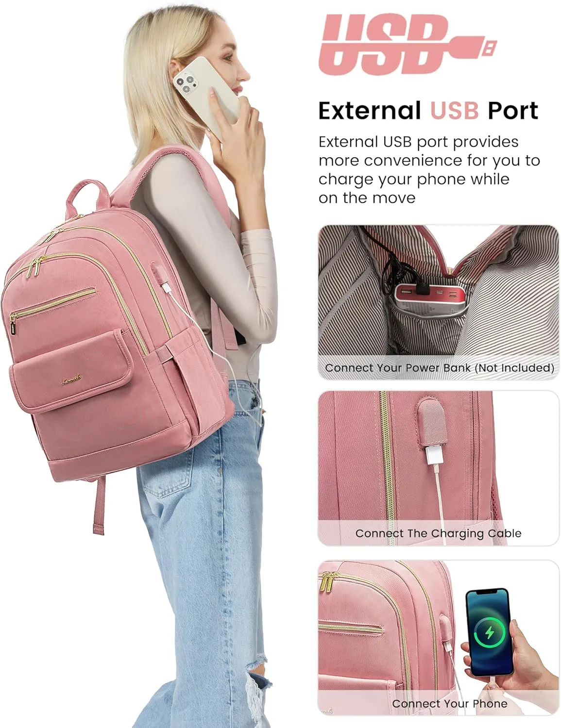 LOVEVOOK Laptop Backpack for Women,15.6 Inch Fashion Travel Backpack,Large Capacity Backpack Purse with USB,Water-resistant fits College Work Business Travel（Pink）