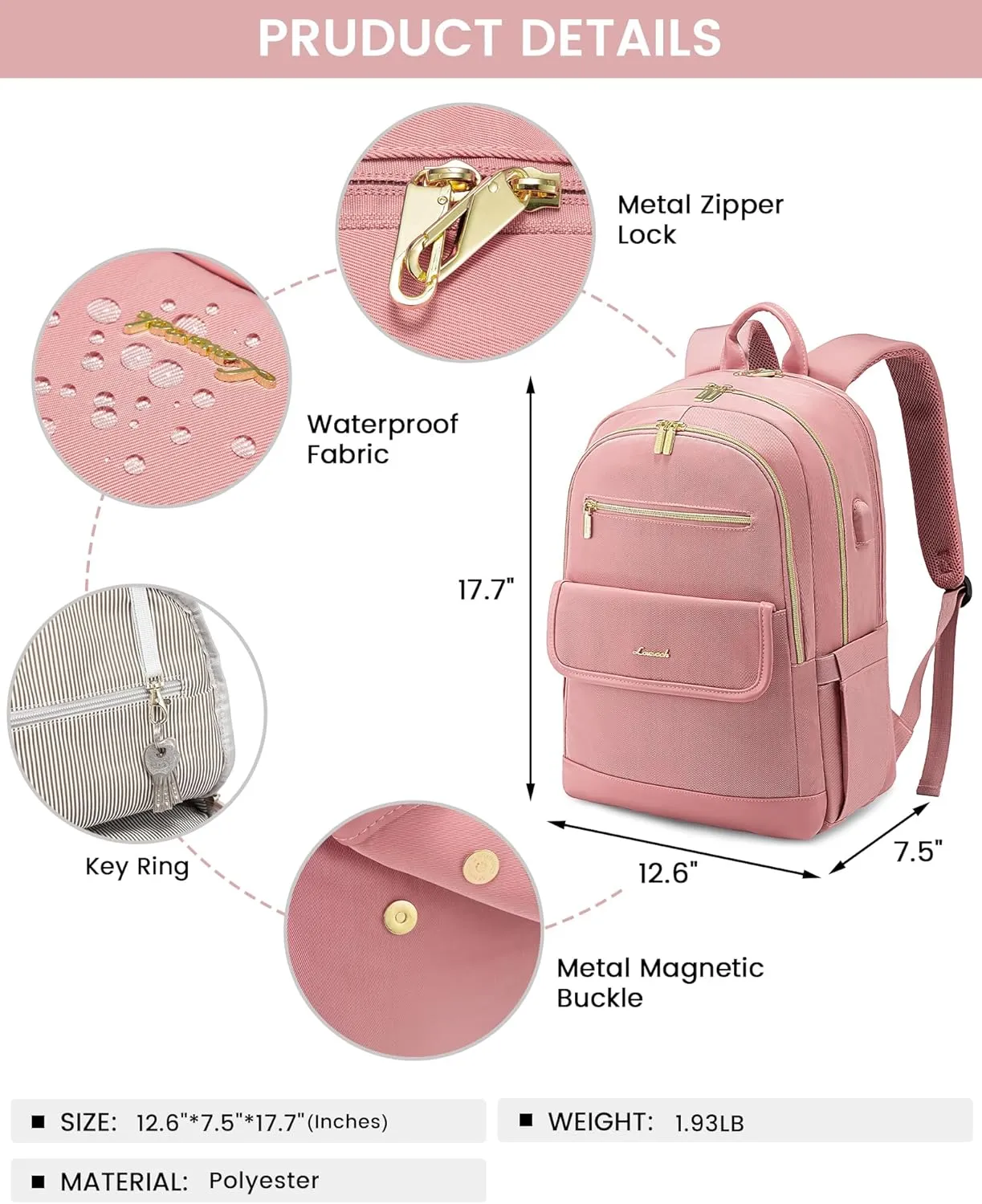 LOVEVOOK Laptop Backpack for Women,15.6 Inch Fashion Travel Backpack,Large Capacity Backpack Purse with USB,Water-resistant fits College Work Business Travel（Pink）