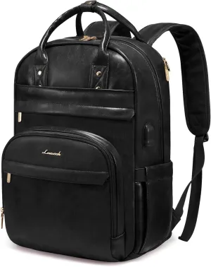 LOVEVOOK Laptop Backpack for Women,15.6 inch Vintage PU Leather Work Backpack Purse with USB Charging Port,Fashion Travel Backpack Waterproof Teacher Backpack for Business PU Black
