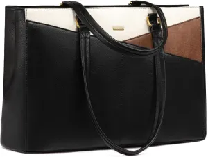 LOVEVOOK Laptop Bag for Women,15.6 Inch Laptop Tote Bag for Women,Vintage Leather Work Tote Bags Computer Teacher Bag,Waterproof Business Bag Office Briefcase, Black and White and Brown