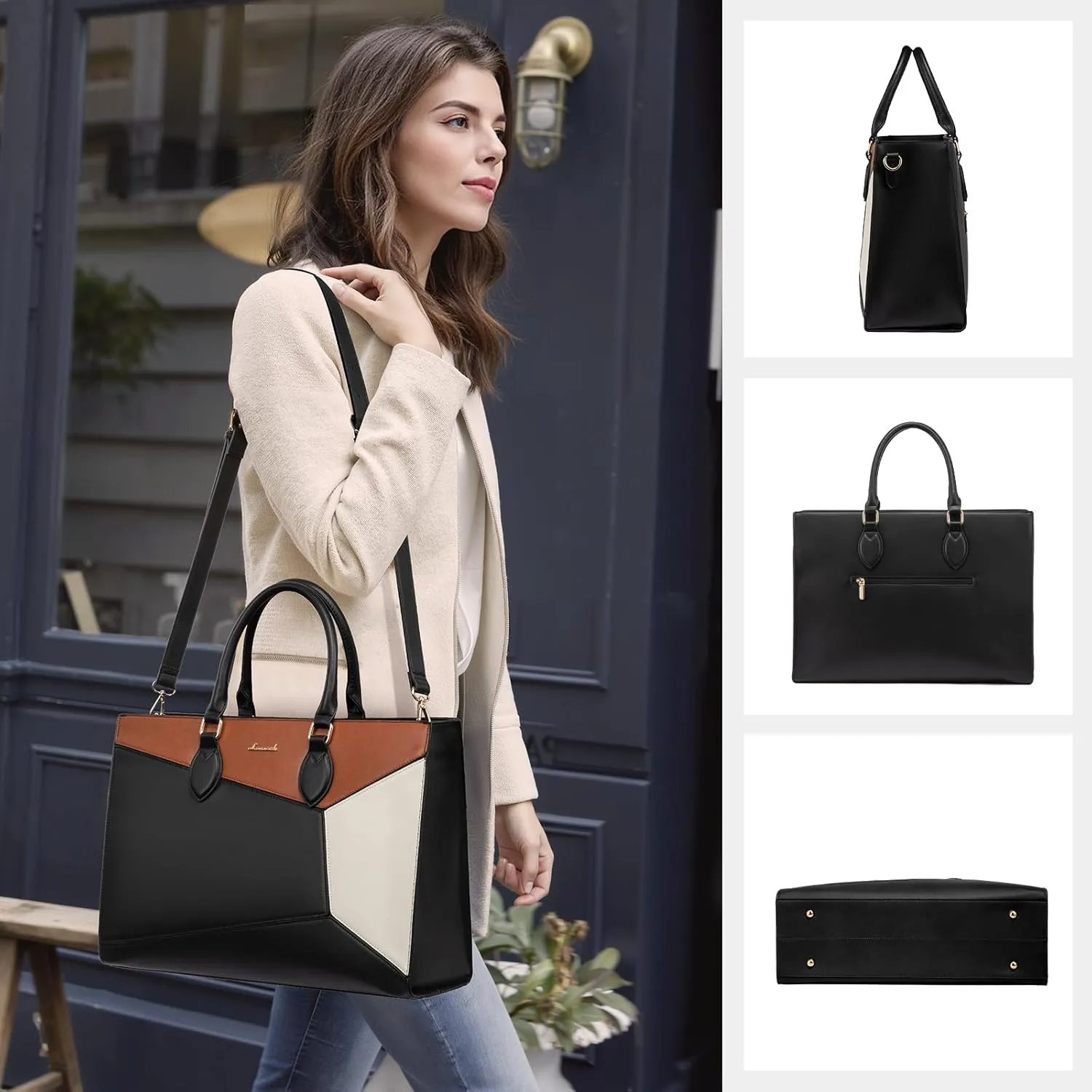 LOVEVOOK Laptop Bag for Women,17 lnch Waterproof Lightweight Leather Tote Bag,Professional Business Office Work Bags with Clutch Purse,Large Capacity Computer Shoulder Handbag,Black-White-Brown
