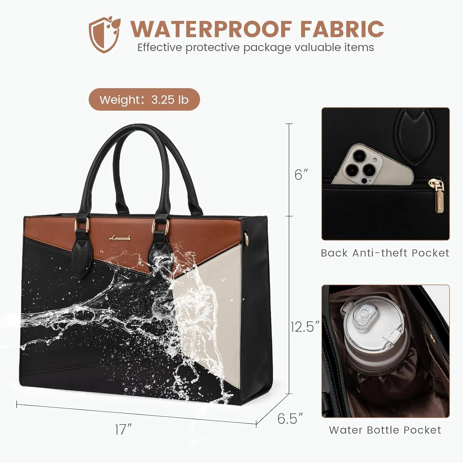 LOVEVOOK Laptop Bag for Women,17 lnch Waterproof Lightweight Leather Tote Bag,Professional Business Office Work Bags with Clutch Purse,Large Capacity Computer Shoulder Handbag,Black-White-Brown
