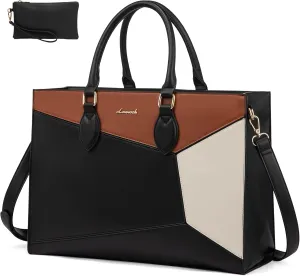 LOVEVOOK Laptop Bag for Women,17 lnch Waterproof Lightweight Leather Tote Bag,Professional Business Office Work Bags with Clutch Purse,Large Capacity Computer Shoulder Handbag,Black-White-Brown