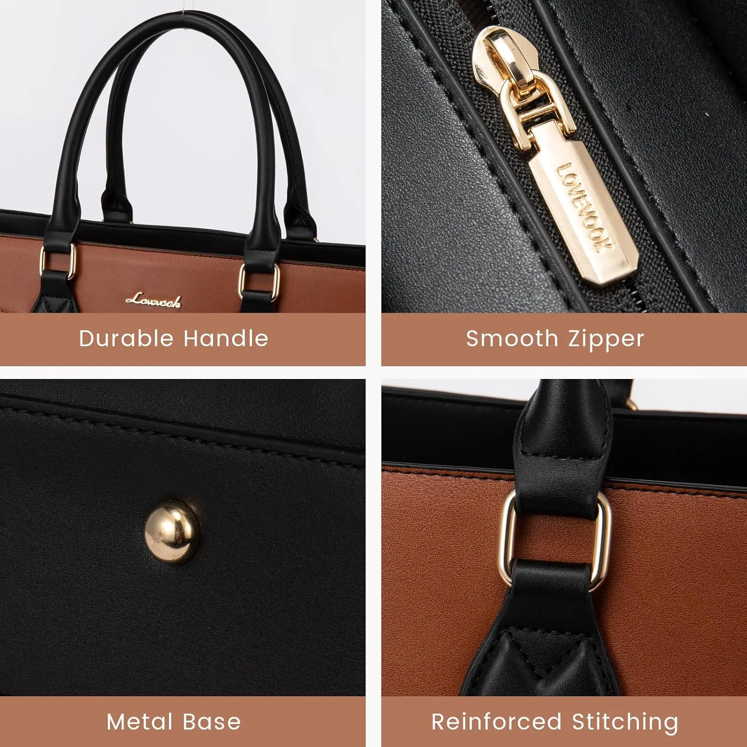 LOVEVOOK Laptop Bag for Women,17 lnch Waterproof Lightweight Leather Tote Bag,Professional Business Office Work Bags with Clutch Purse,Large Capacity Computer Shoulder Handbag,Black-White-Brown