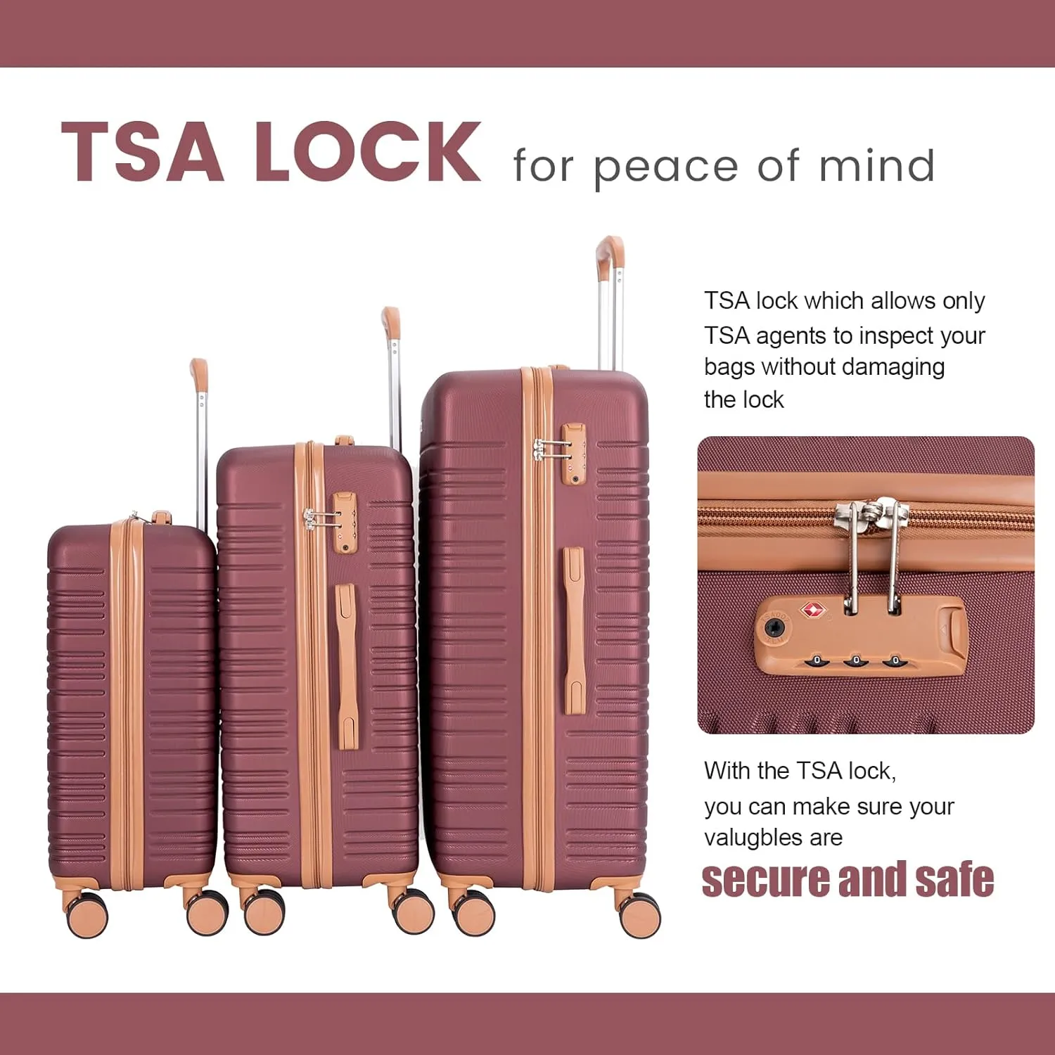 Luggage set 5 Piece Suitcases with Wheels, ABS Hardshell Carry On and Checked luggage with TSA lock a travel bag and a toiletry bag (20/24/28), Wine Red