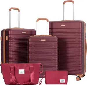 Luggage set 5 Piece Suitcases with Wheels, ABS Hardshell Carry On and Checked luggage with TSA lock a travel bag and a toiletry bag (20/24/28), Wine Red