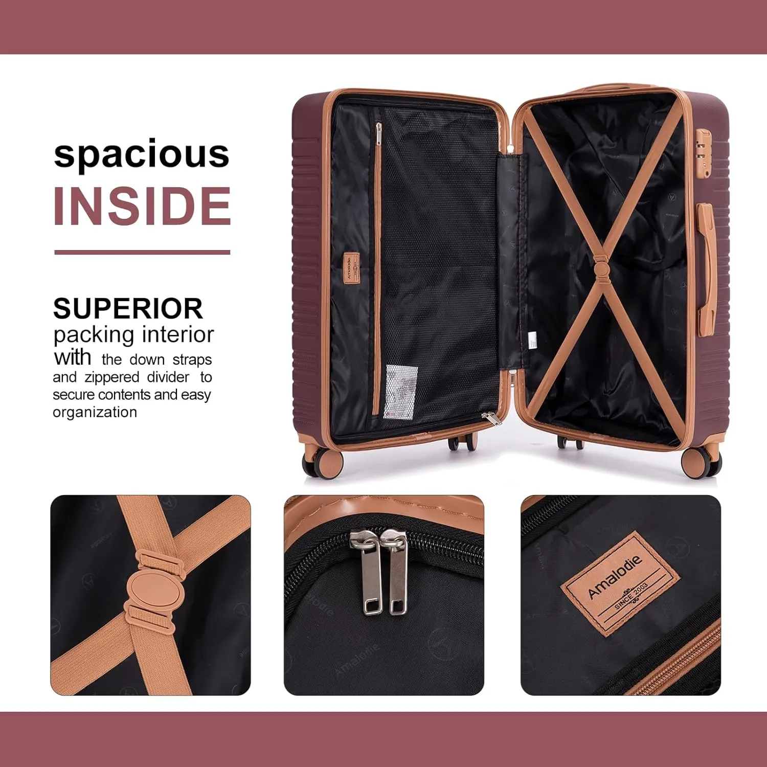 Luggage set 5 Piece Suitcases with Wheels, ABS Hardshell Carry On and Checked luggage with TSA lock a travel bag and a toiletry bag (20/24/28), Wine Red