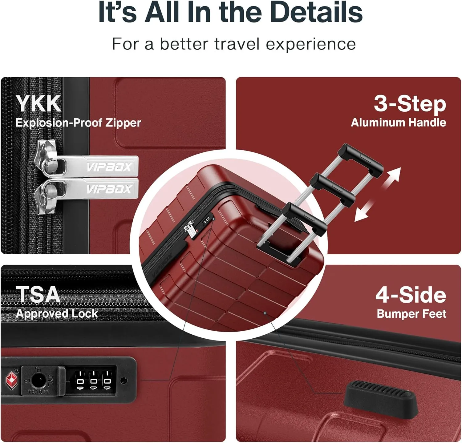 Luggage Sets 3 Piece (3-YEARS VIP SERVICE) Hardside Expandable Ultra Durable Polycarbonate Lightweight Carry On Travel Suitcase with TSA Lock Spinner Wheels, Wine Red