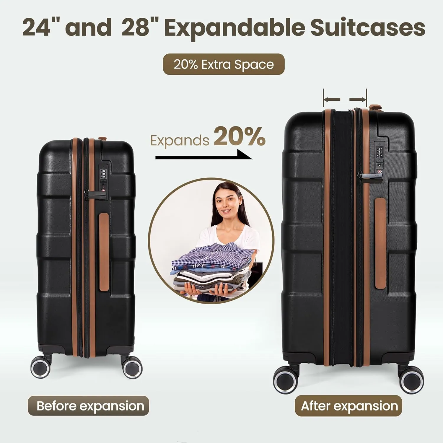 Luggage Sets 3 Piece with Spinner Wheel, Hardside Suitcase Set with TSA Lock, Expandable Travel Luggage for Men and Women, Black