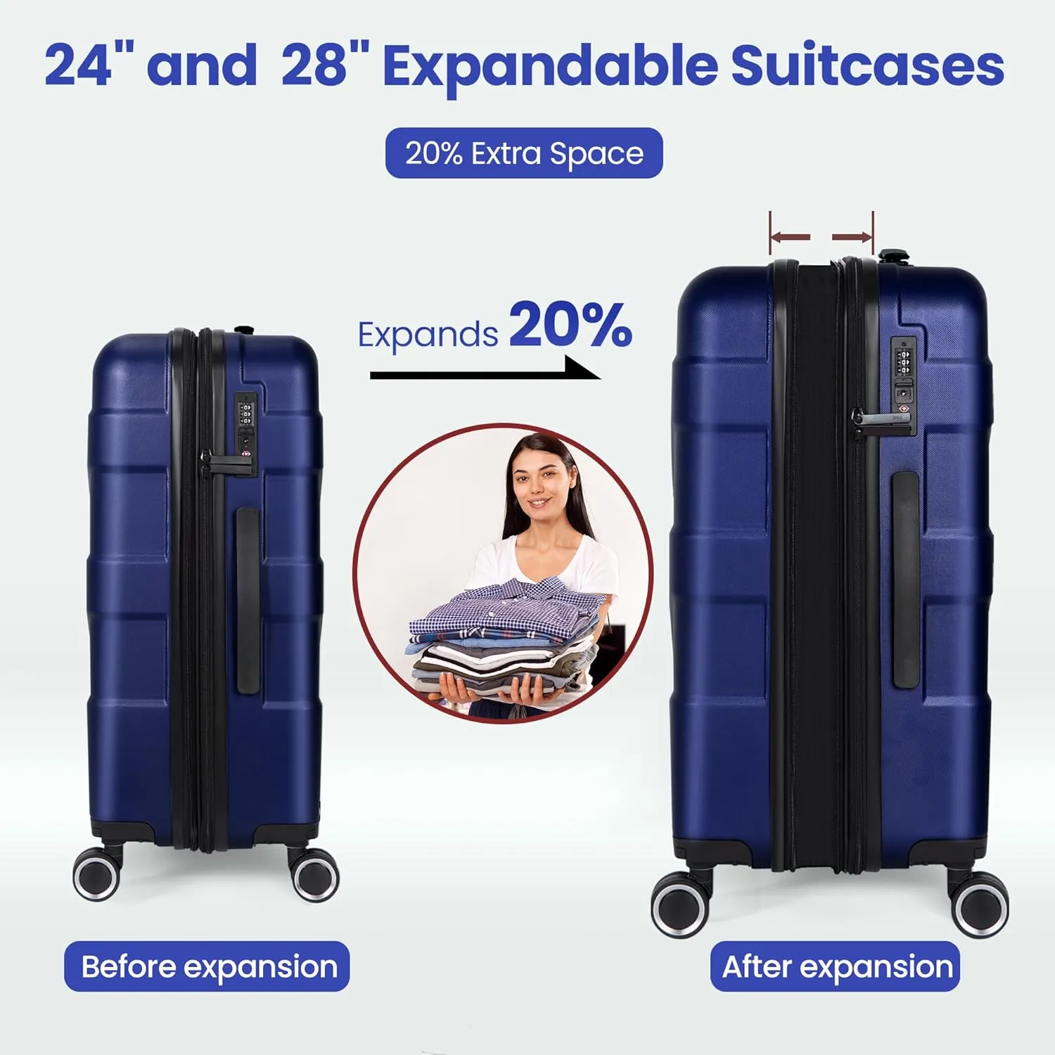Luggage Sets 3 Piece with Spinner Wheel, Hardside Suitcase Set with TSA Lock, Expandable Travel Luggage for Men and Women, Blue