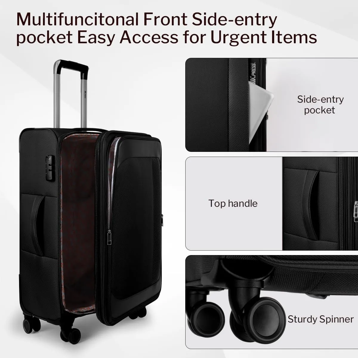 Luggage Sets 3 Piece,Suitcases with Wheels Hardshell,Softside Luggage Set,Foldie Travel Bag Expandable, W/TSA Lock & Double Spinner Wheels(22in/27in/31in) Black