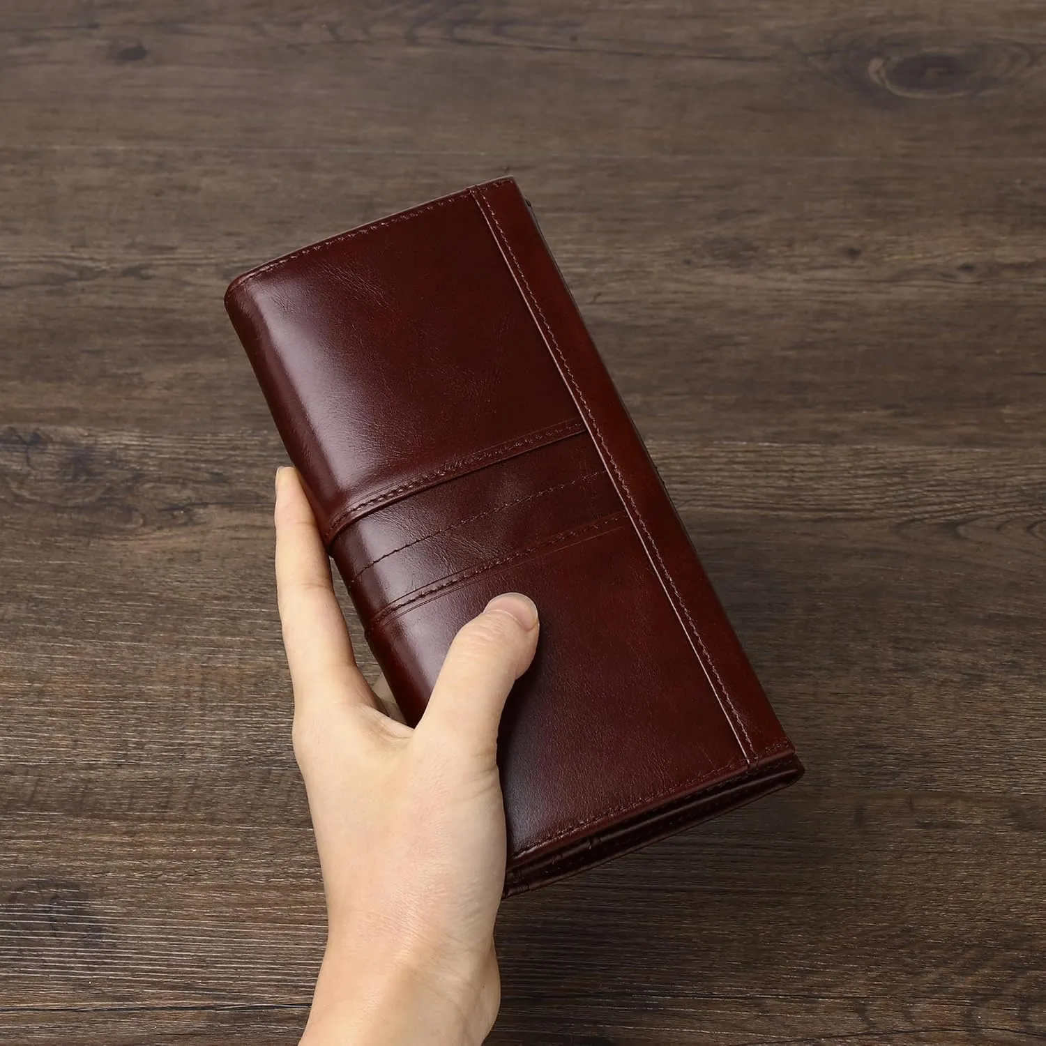LUKZIJAES Vintage Long Wallets for Men Genuine Leather Checkbook Bifold Wallet with RFID Blocking Zipper Card Slots Coin Pocket Mens Clutch Purse (#7-Coffee)
