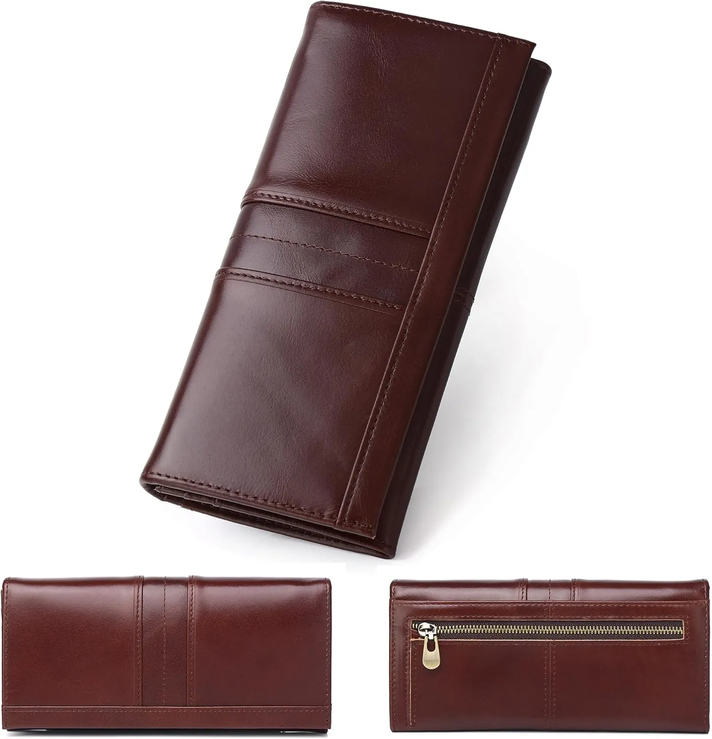 LUKZIJAES Vintage Long Wallets for Men Genuine Leather Checkbook Bifold Wallet with RFID Blocking Zipper Card Slots Coin Pocket Mens Clutch Purse (#7-Coffee)
