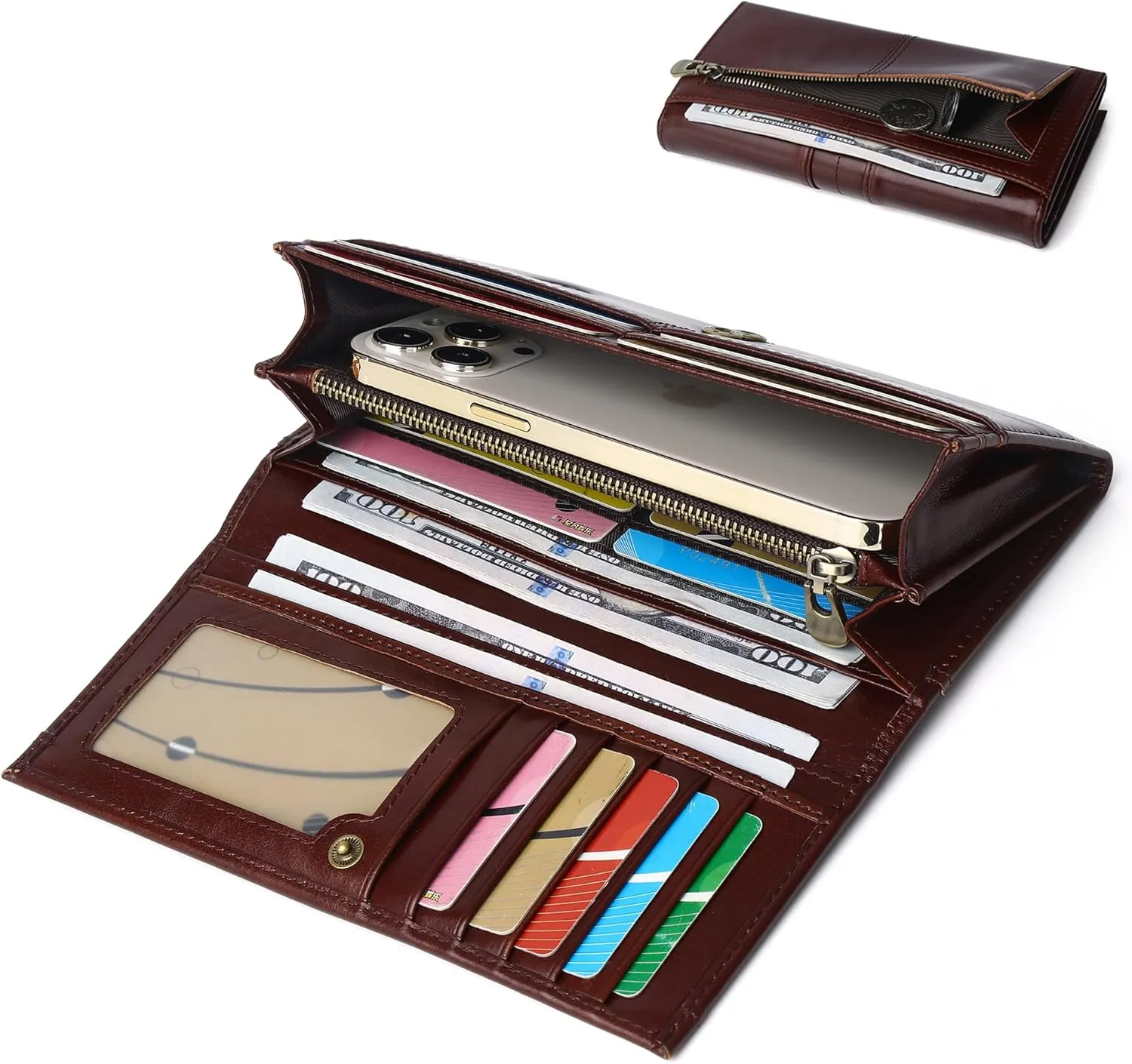 LUKZIJAES Vintage Long Wallets for Men Genuine Leather Checkbook Bifold Wallet with RFID Blocking Zipper Card Slots Coin Pocket Mens Clutch Purse (#7-Coffee)