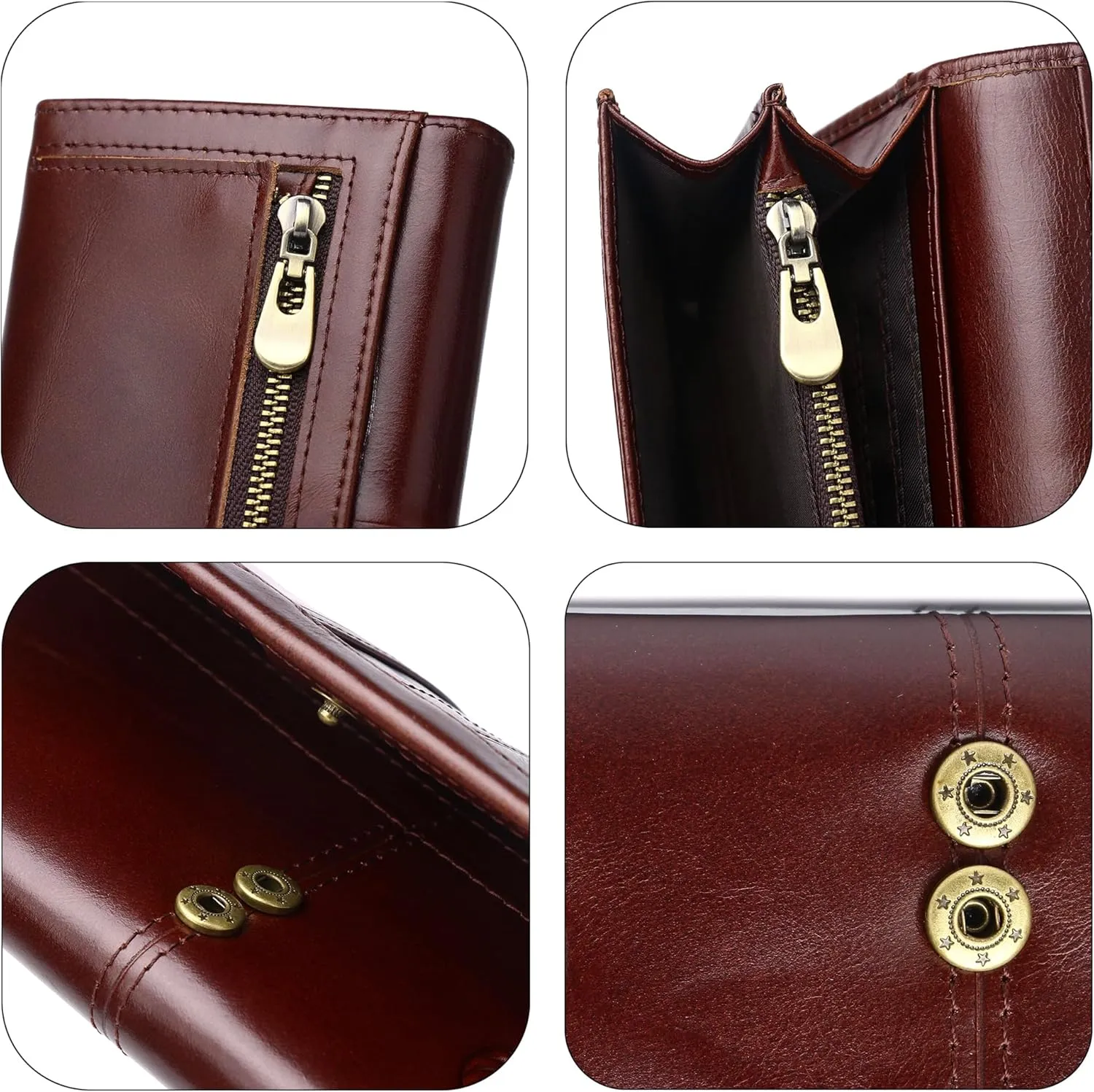 LUKZIJAES Vintage Long Wallets for Men Genuine Leather Checkbook Bifold Wallet with RFID Blocking Zipper Card Slots Coin Pocket Mens Clutch Purse (#7-Coffee)