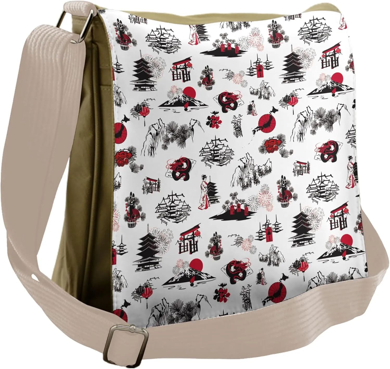 Lunarable Asian Messenger Bag, Oriental Traditional Symbolic, Unisex Cross-body