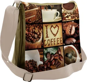 Lunarable Brown Messenger Bag, I Love Coffee Theme Collage, Unisex Cross-body